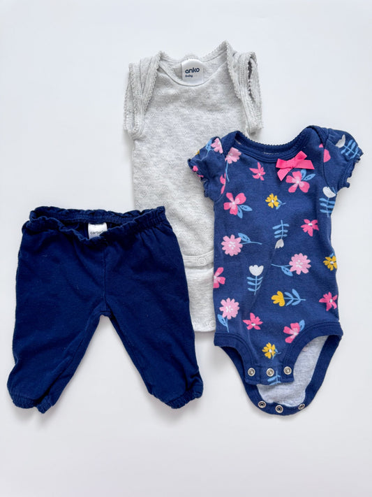 Navy Blue Flower and Neutral Grey Outfit Set, Kids Newborn