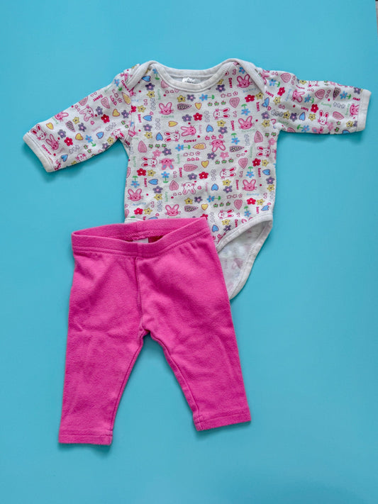 Ditzy Fun Rabbit Print Top and Pink Bottoms, Kids 3 Month (0-3M)