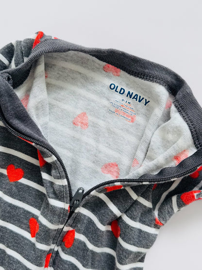 Old Navy Hearts and Stripes Footed Onesie, Kids 3 Month (0-3M)