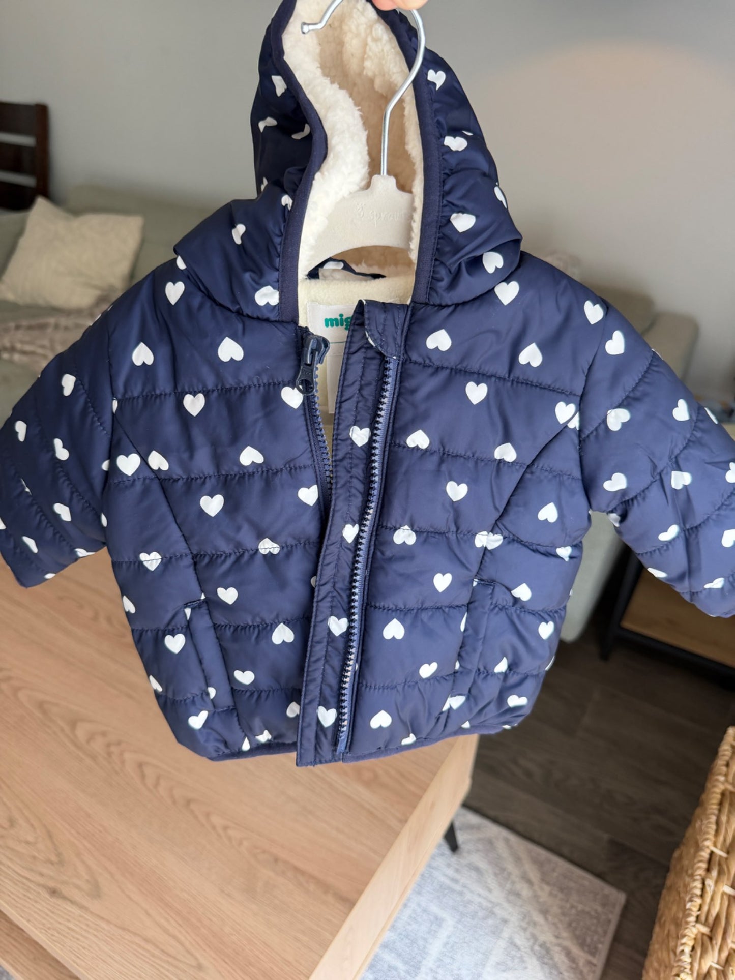 Blue fur lined winter jacket with heart print 3M, Kids 3 Month (0-3M)