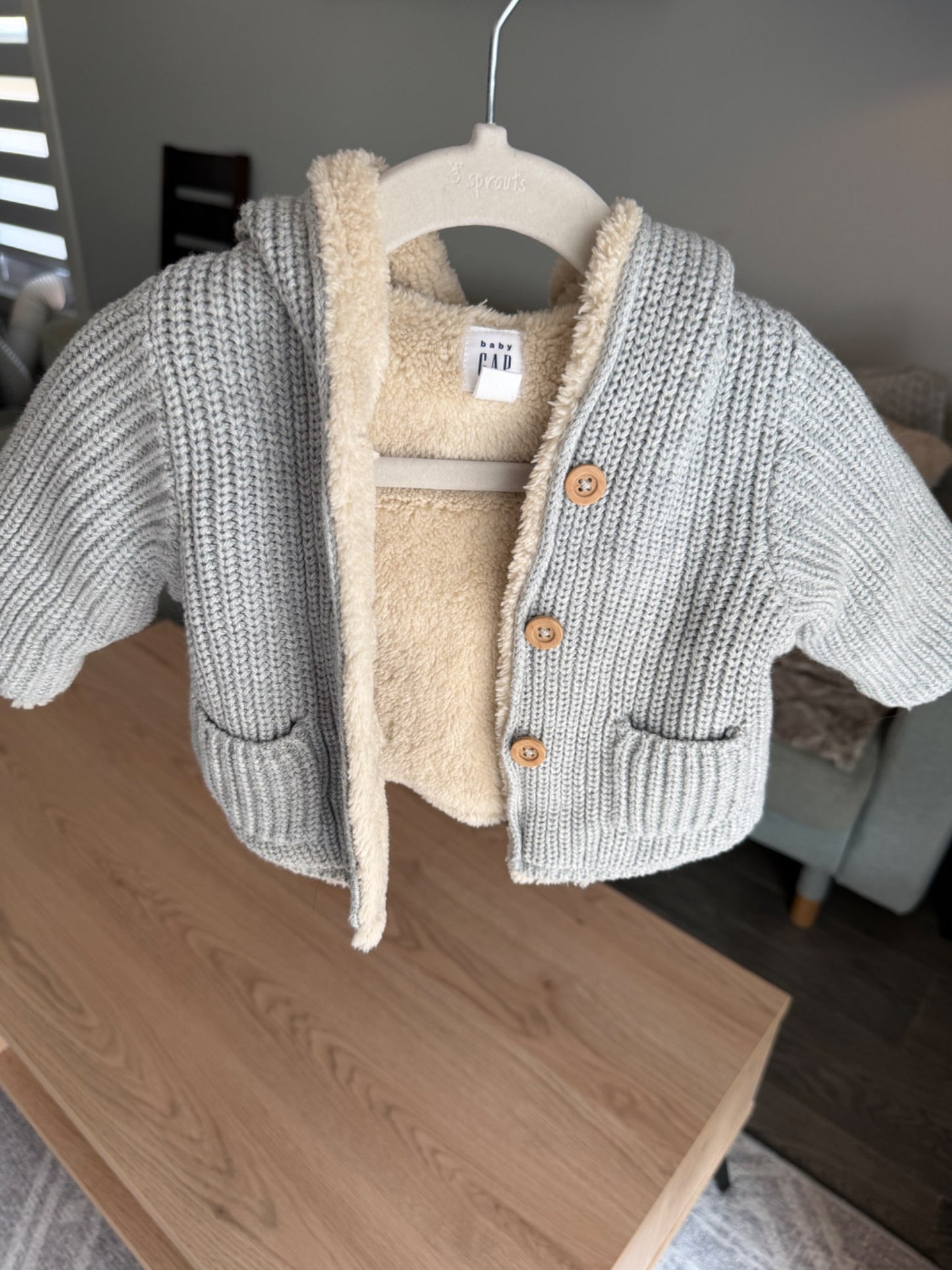 Gap knitted fur lined cardigan with hood 0-3M