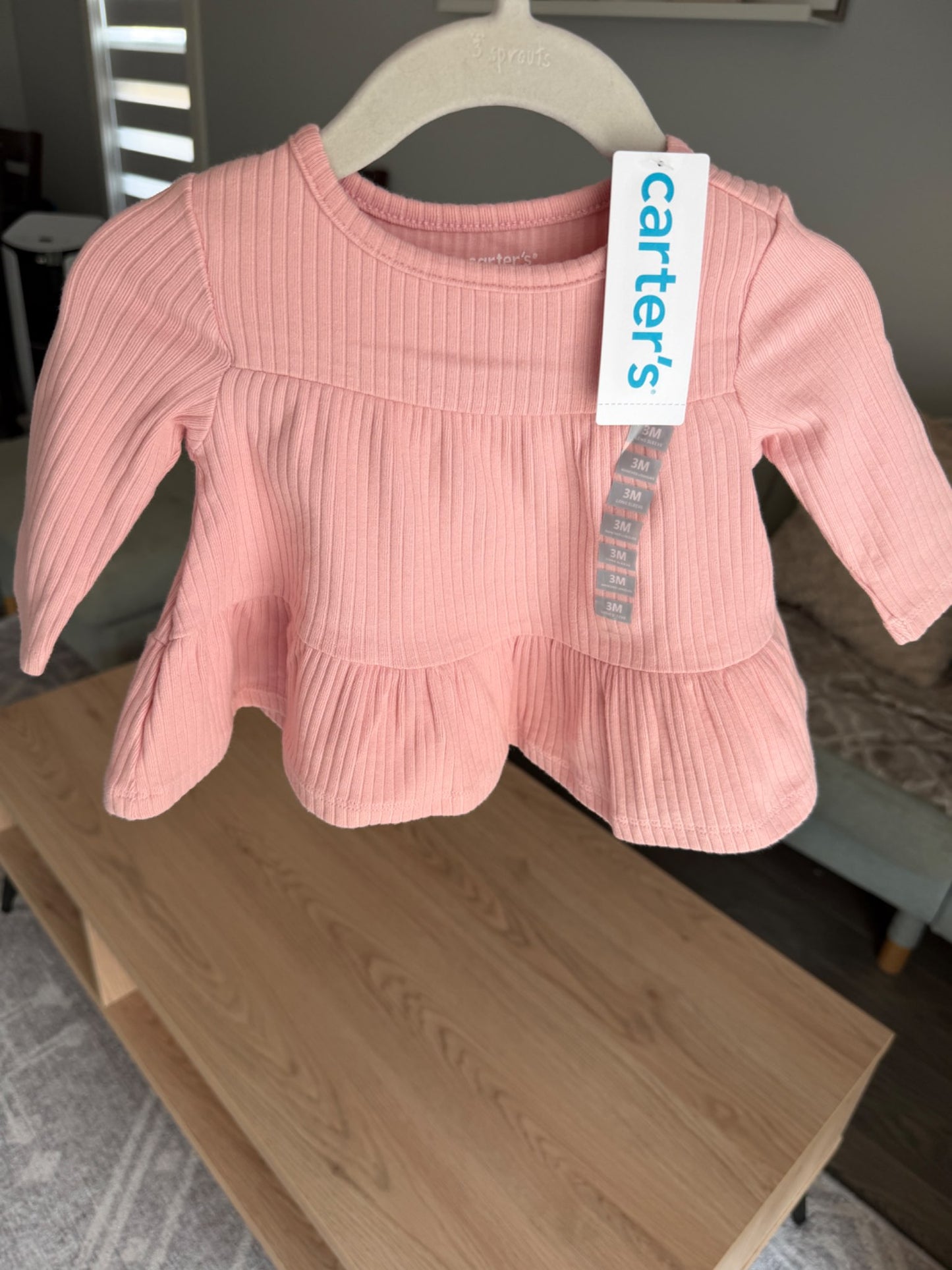Carters BNWT ribbed pink long sleeve top 3M, Kids 3 Month (0-3M)