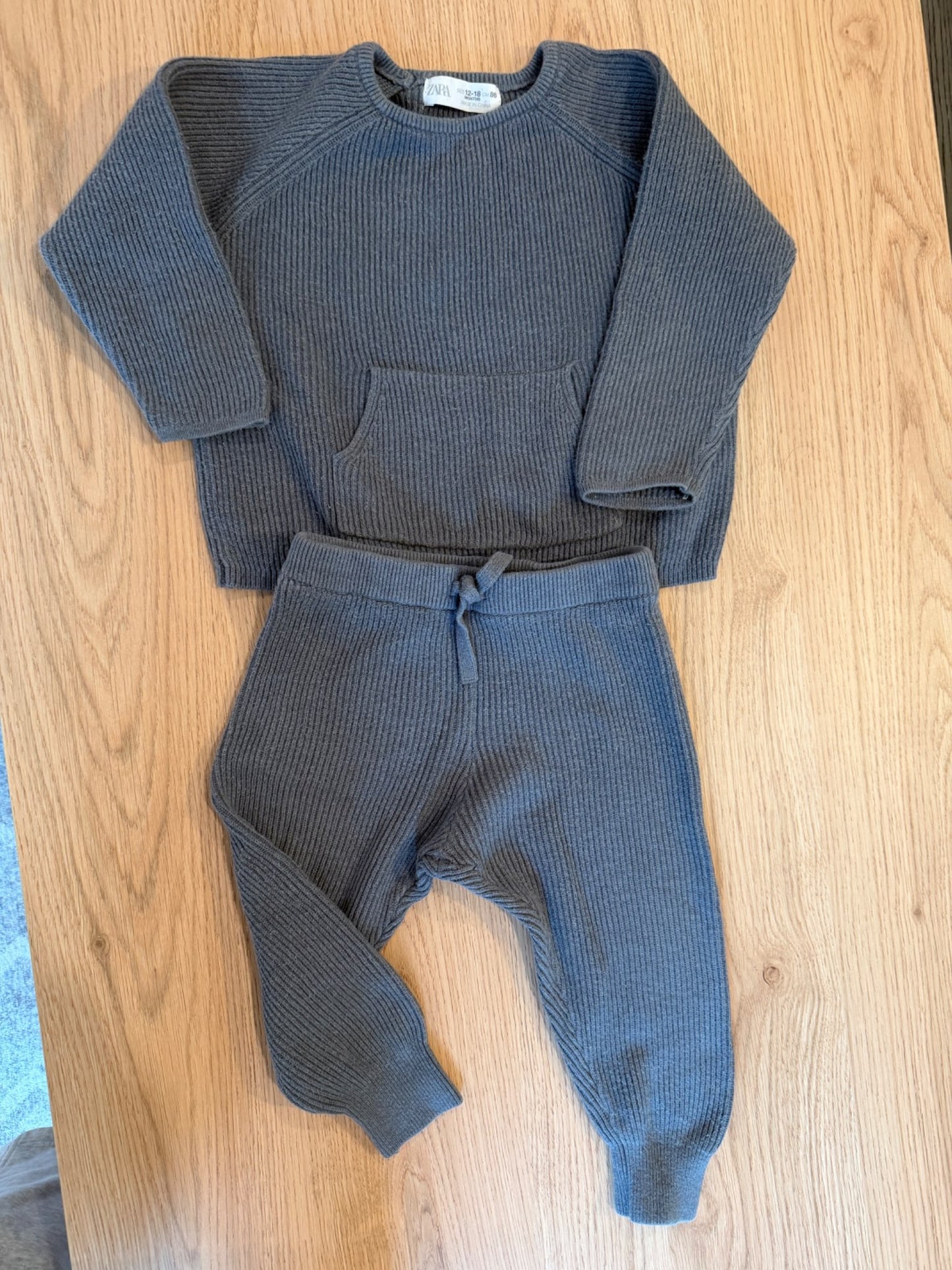 Zara ribbed grey/blue knit matching set, 12-18M, Kids 18 Month (12-18M)