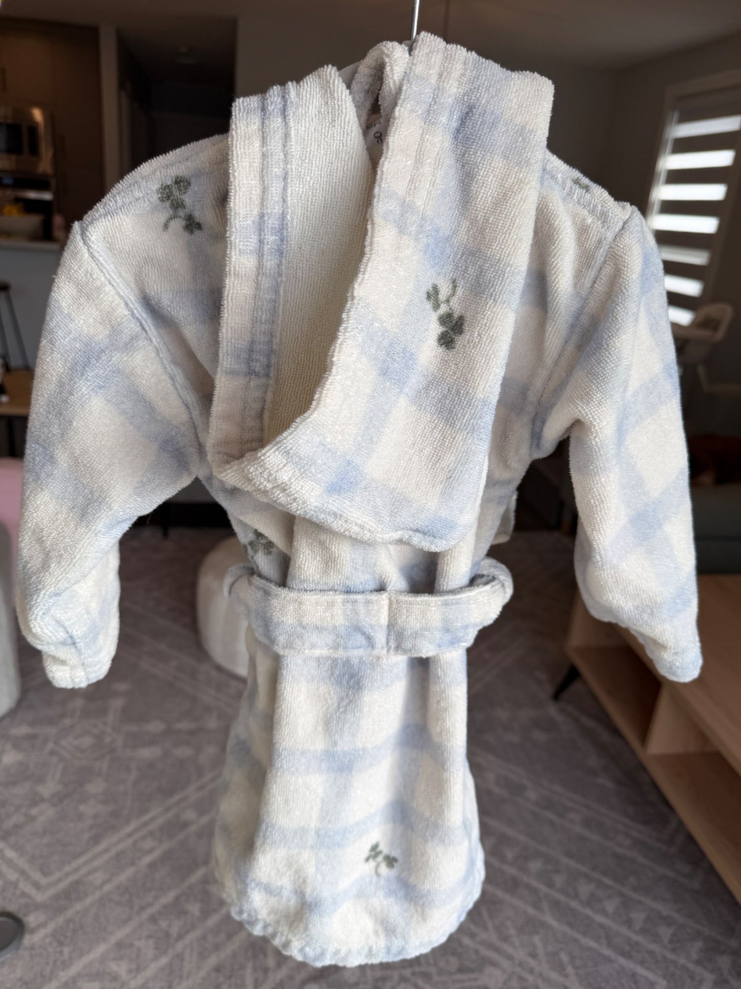 Garbo and friends bathrobe, blue gingham, size 2-4, Kids 2T