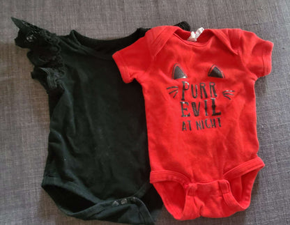 2 onesies, black and red "purr evil", 0-3 month, Kids 3 Month (0-3M)