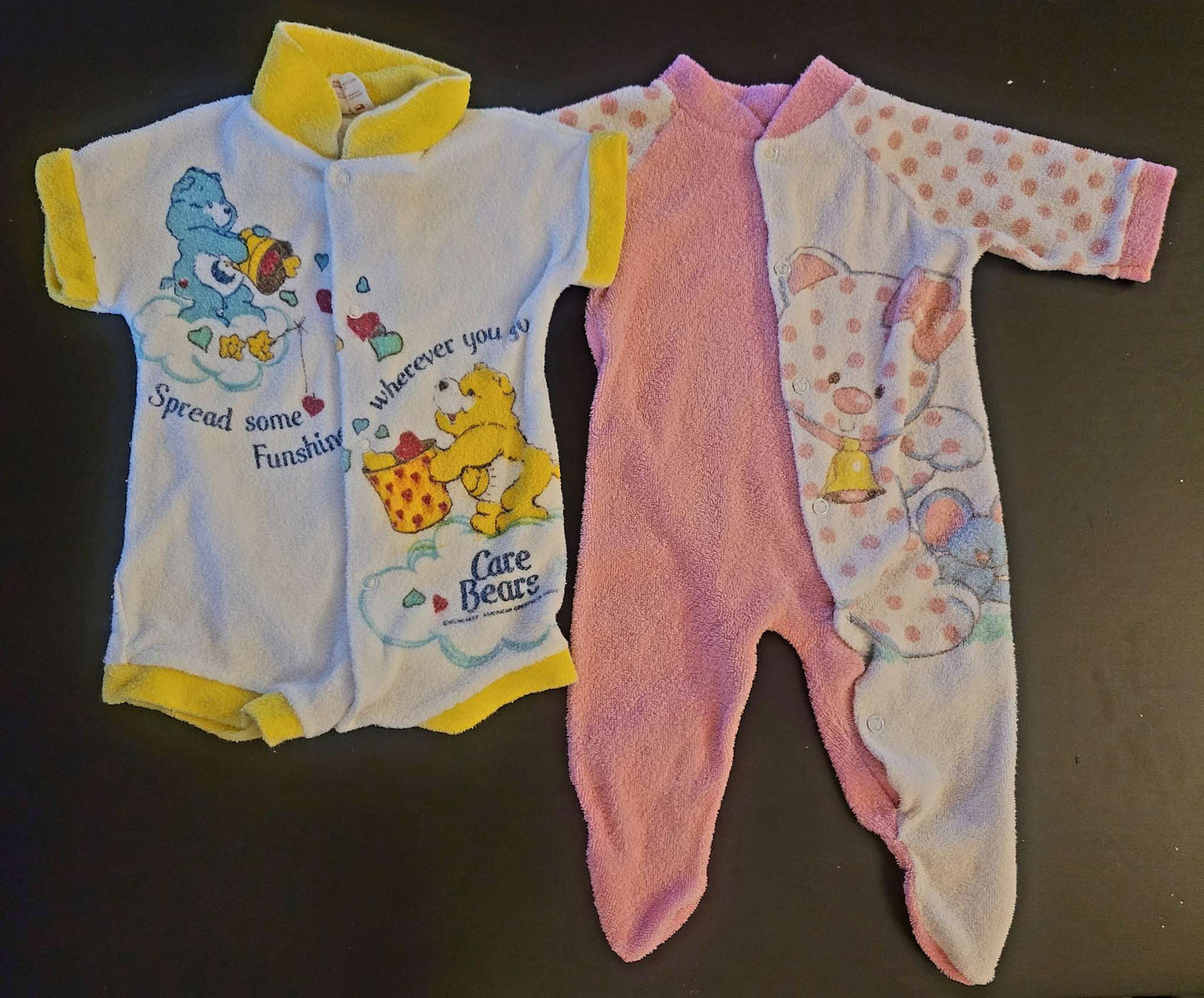 Two vintage terry cloth rompers, Care Bears and pink bear, Kids Newborn