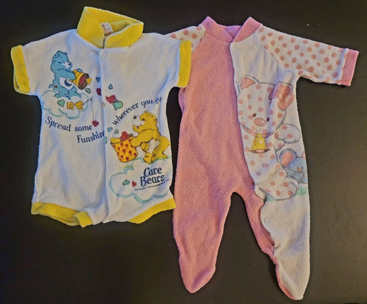 Two vintage terry cloth rompers, Care Bears and pink bear, Kids Newborn