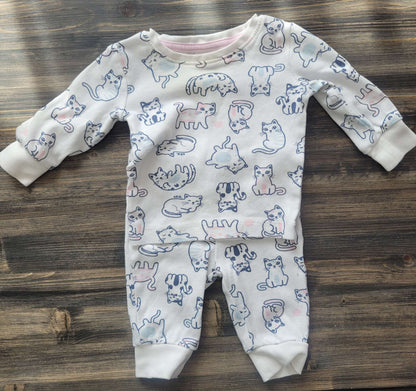 White and pastel cat pattern long sleeved top and pants set, George, 0-3M, Kids 3 Month (0-3M)