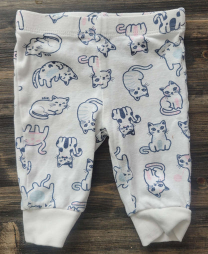 White and pastel cat pattern long sleeved top and pants set, George, 0-3M, Kids 3 Month (0-3M)