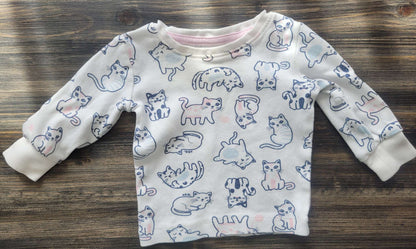 White and pastel cat pattern long sleeved top and pants set, George, 0-3M, Kids 3 Month (0-3M)