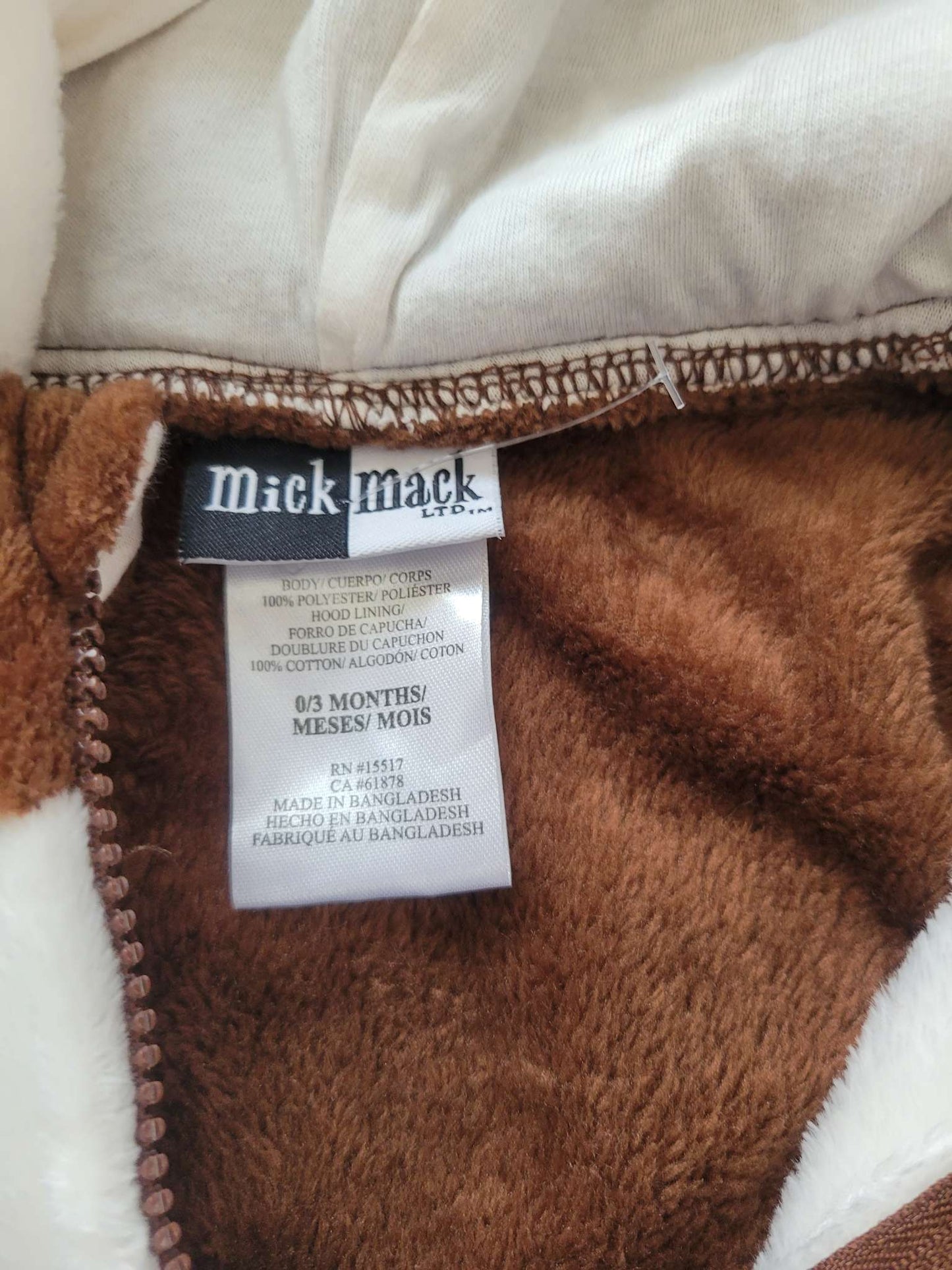 Mick Mack brown bear costume/onesie, 0-3 months, Kids 3 Month (0-3M)