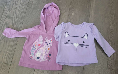 2 purple long-sleeved shirts, fox and cat, 6 months, Kids 6 Month (3-6M)