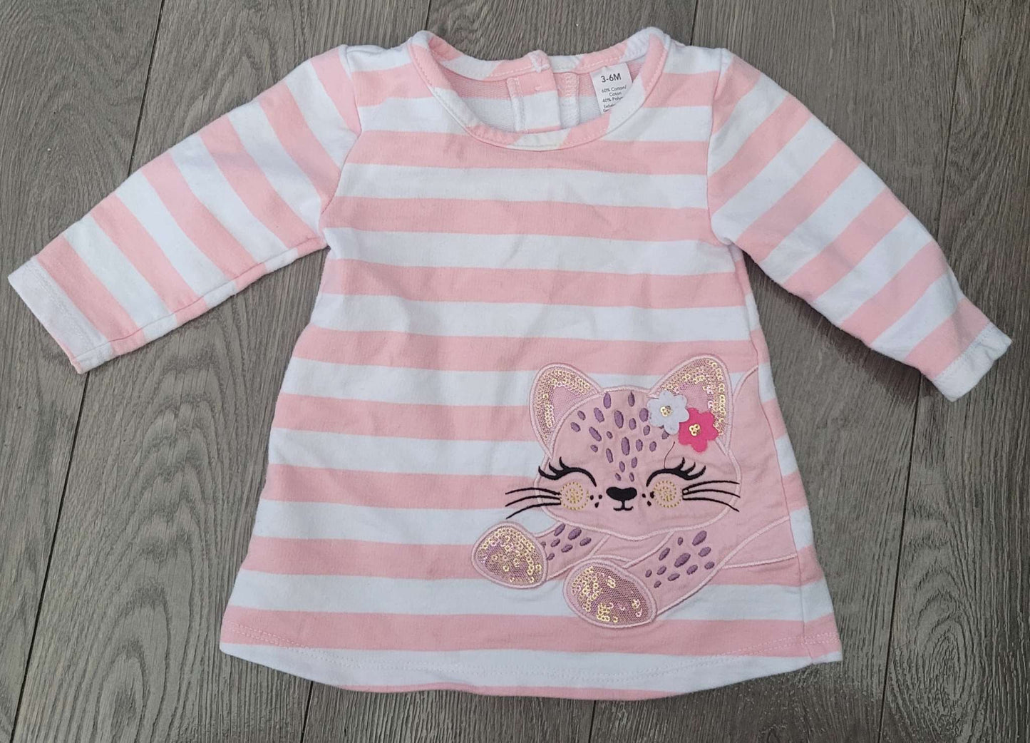 Pink and white stripped dress with pink cat, 3-6 months, George, Kids 6 Month (3-6M)