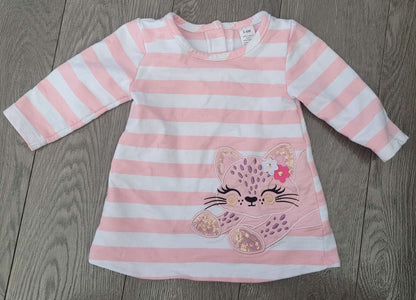 Pink and white stripped dress with pink cat, 3-6 months, George, Kids 6 Month (3-6M)