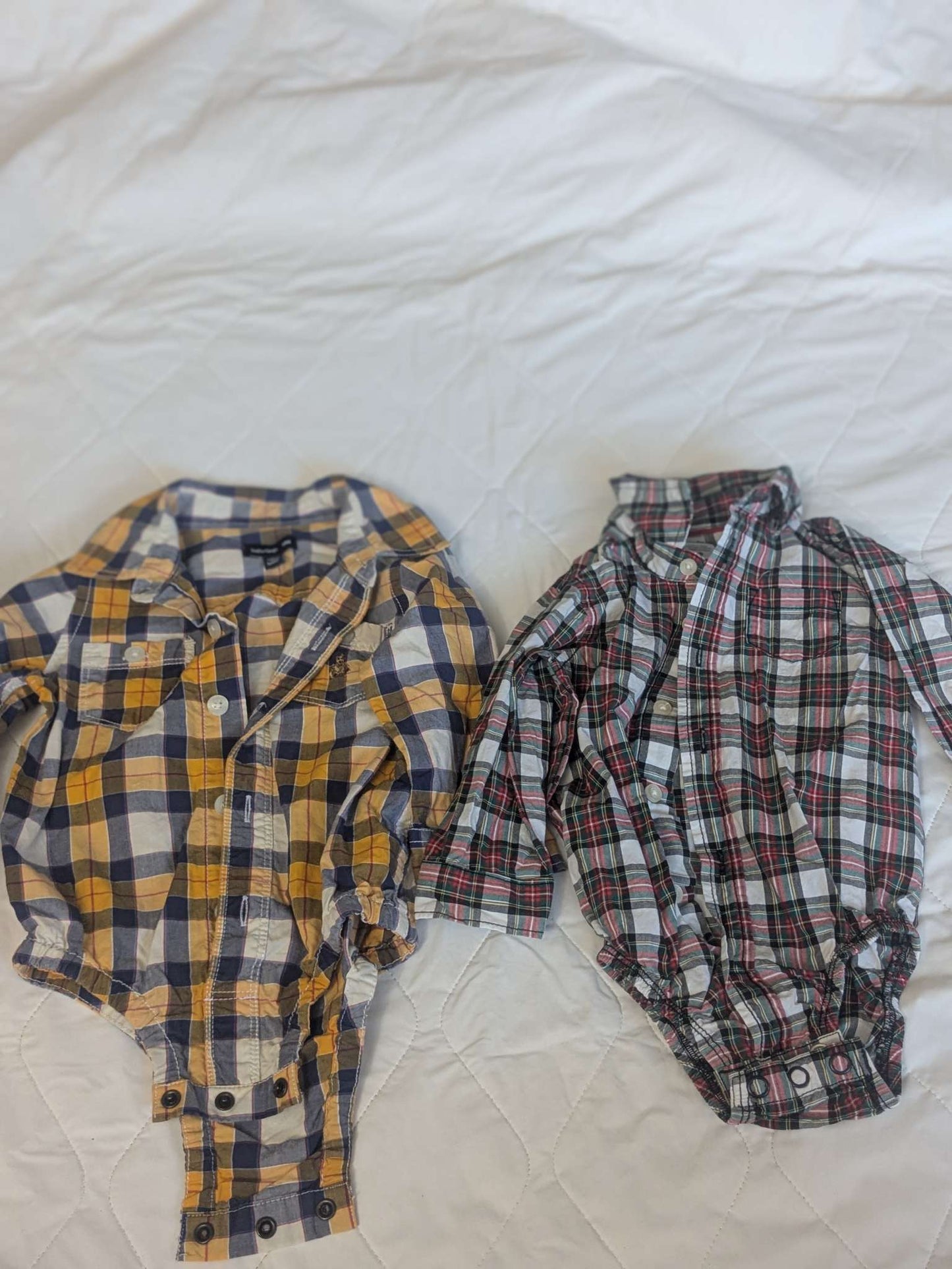 Bundle of 2 plaid long-sleeve dress shirts, yellow plaid & red plaid, 6-12 months, Kids 9 Month (6-9M)
