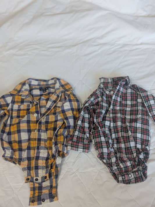 Bundle of 2 plaid long-sleeve dress shirts, yellow plaid & red plaid, 6-12 months, Kids 9 Month (6-9M)