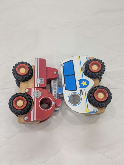 2x wooden emergency vehicles