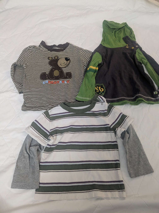 Bundle of 3 long sleeve boy shirts, teddy bear, green with hood and striped, Kids 24 Month (18-24M)