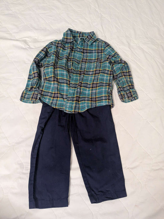 Carter's 2 piece matching set, plaid shirt and cotton navy blue pants, 24 months, Kids 24 Month (18-24M)