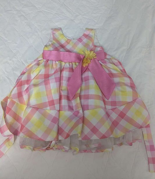 Spring dress with pink and yellow strips and pink sash, size 2T, Kids 2T