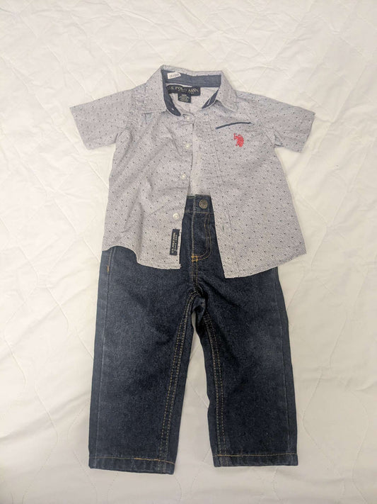 U.S. Polo Assn 18 month 2 piece outfit, jeans & gray dress shirt with red design on pocket, Kids 18 Month (12-18M)