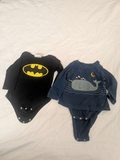 Bundle of 2 long sleeve onsies, blue whale & black batman, Kids 18 Month (12-18M)