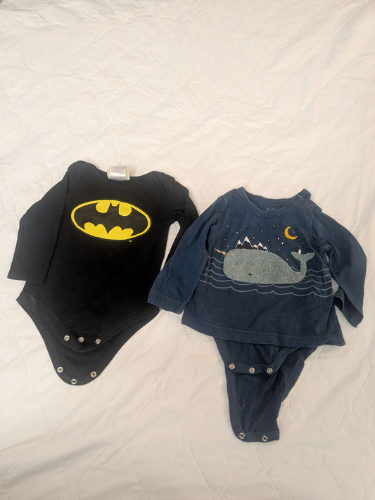 Bundle of 2 long sleeve onsies, blue whale & black batman, Kids 18 Month (12-18M)