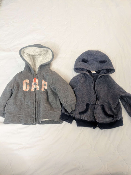 2 hoodies, thick fleece gray and blue striped, Kids 18 Month (12-18M)