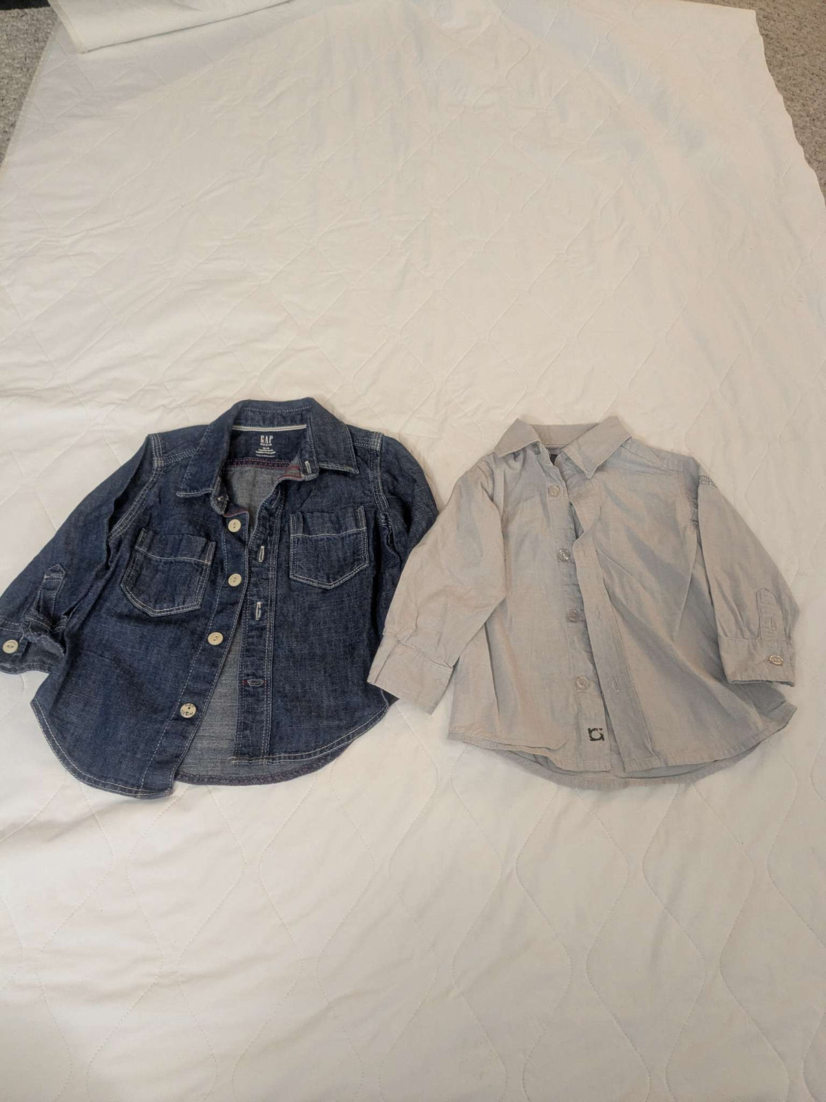 Bundle of 2 long sleeve dress shirts, one that is Jean & the other is gray, Kids 18 Month (12-18M)