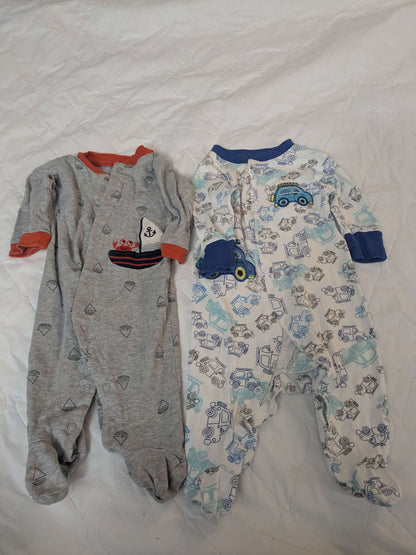 Bundle of 2 pairs of cotton pajamas, sailboat gray ones and blue car ones, Kids 6 Month (3-6M)