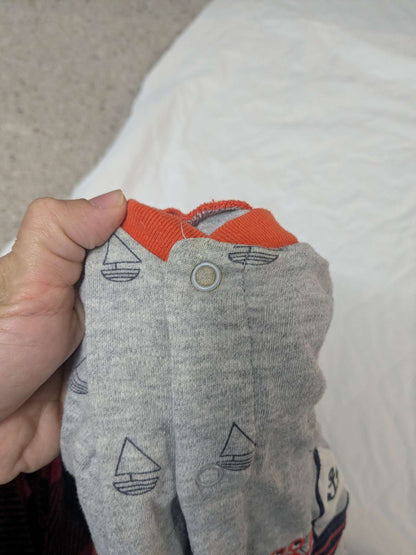 Bundle of 2 pairs of cotton pajamas, sailboat gray ones and blue car ones, Kids 6 Month (3-6M)
