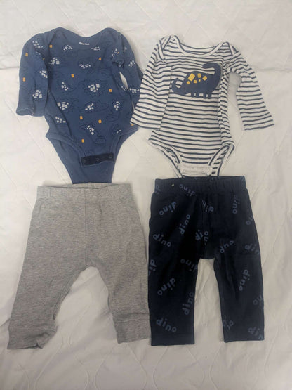 Bundle of 4 dinosaur clothing items, 2 pairs of pants and 2 long sleeve onesies, Kids 6 Month (3-6M)