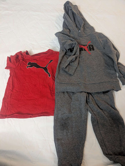 Puma 3 piece boys sweat suit set, grey with red shirt, size 4, Kids 4/4T