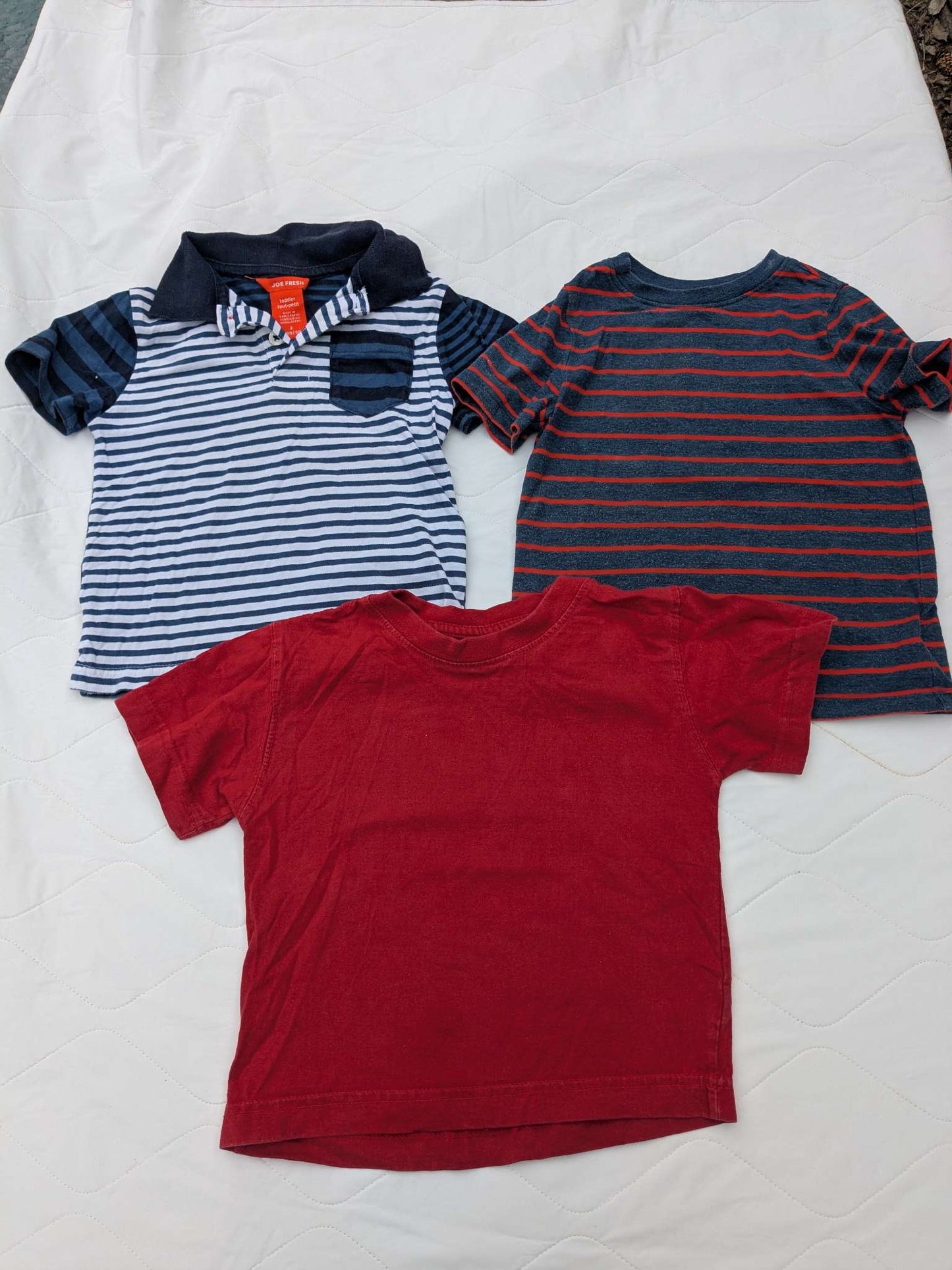 Bundle of 3 t-shirts including 2 striped shirts and a solid red, Kids 2T