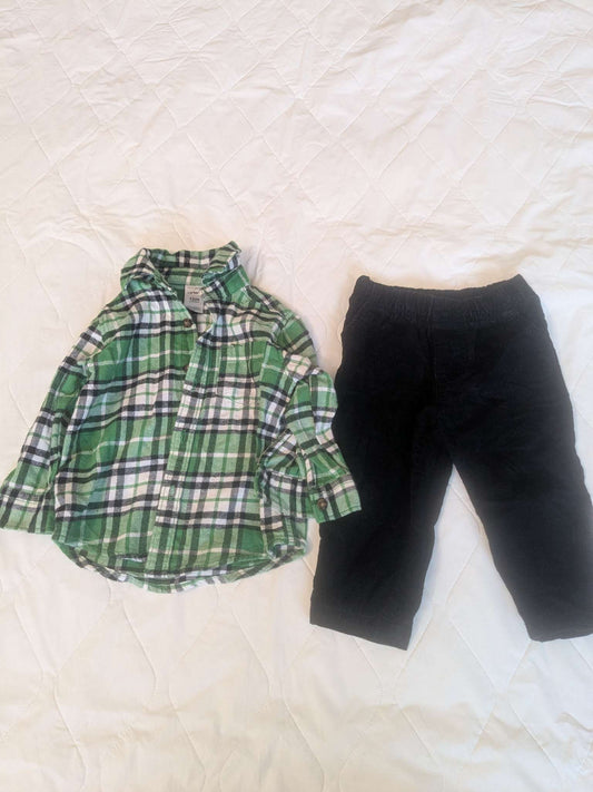 Carter's 2 piece plaid long sleeve & corduroy pants, Kids 12 Month (9-12M)
