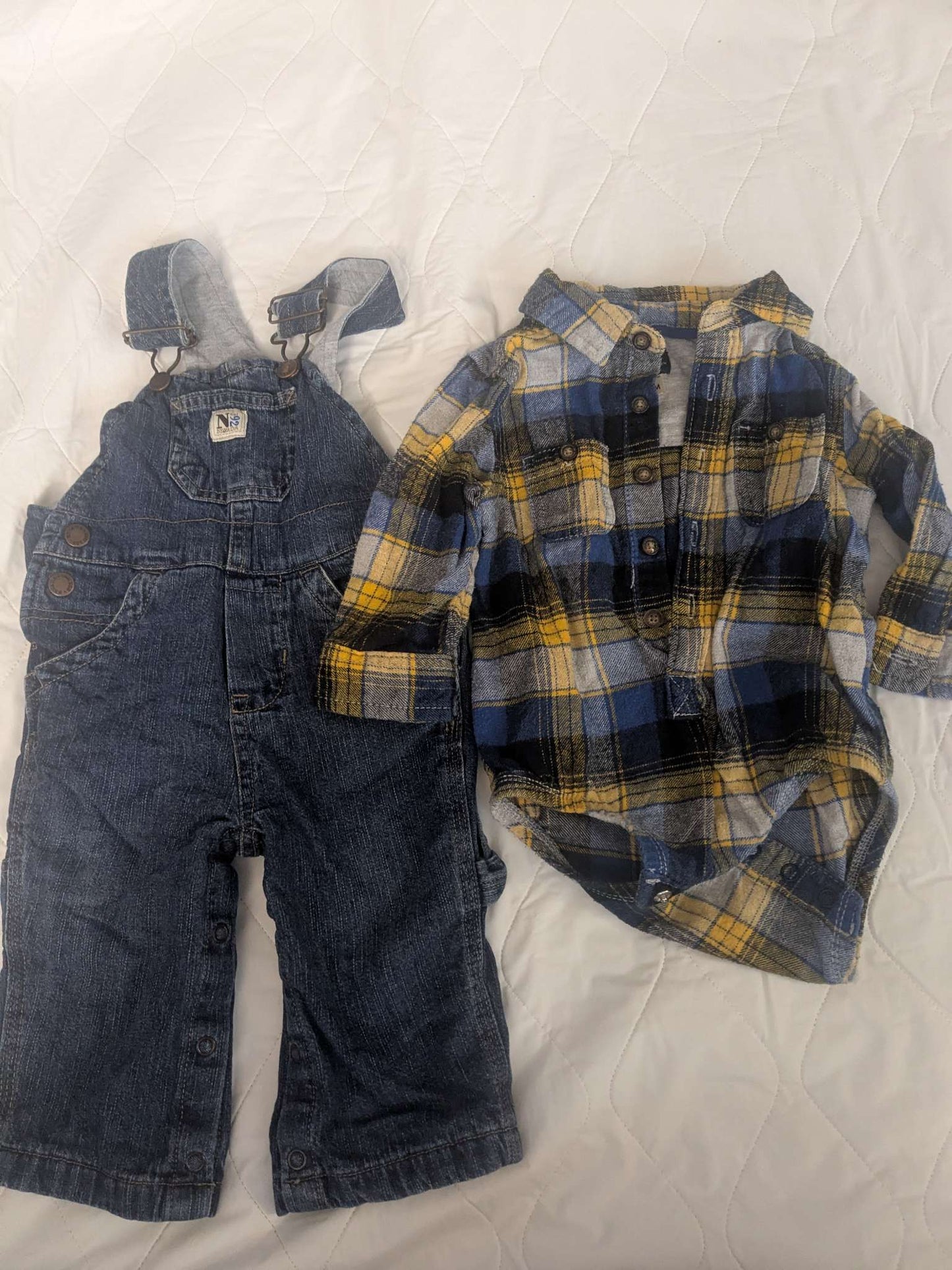 Jean overalls and fleece dress shirt combo, Kids 9 Month (6-9M)