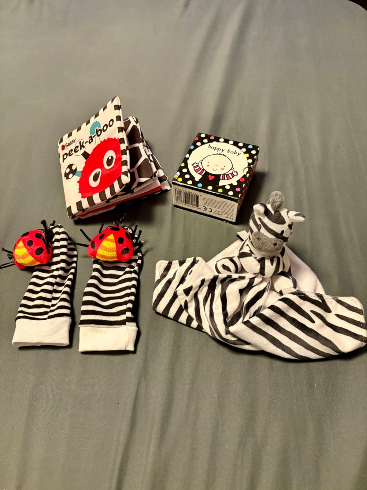 Black and white books, toys and lovey