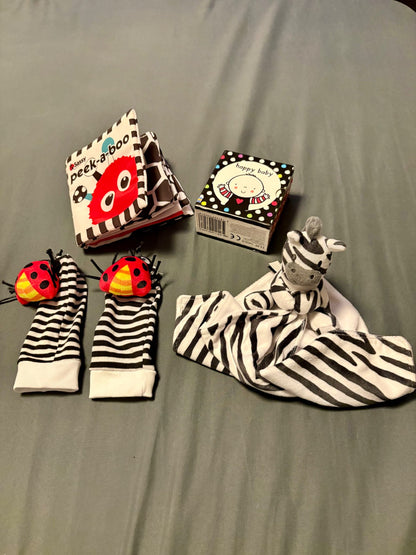 Black and white books, toys and lovey
