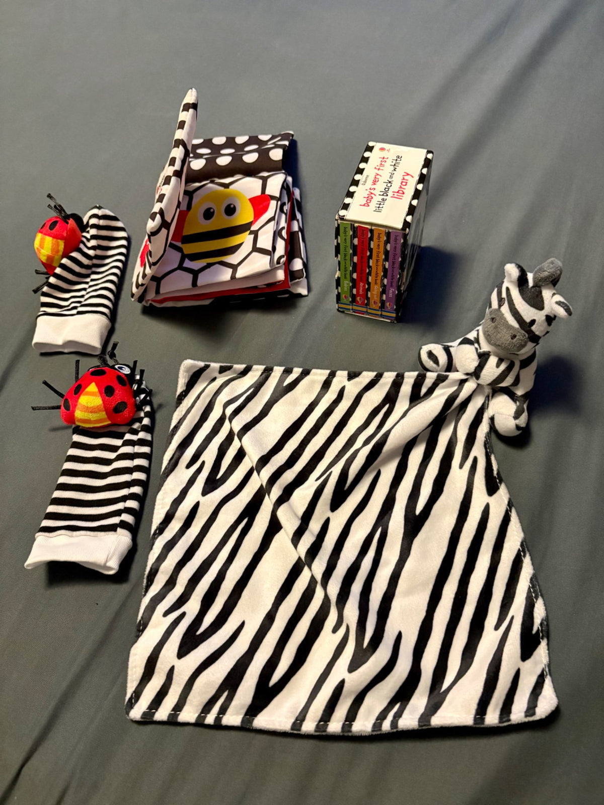 Black and white books, toys and lovey