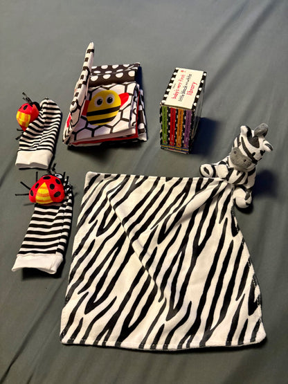 Black and white books, toys and lovey