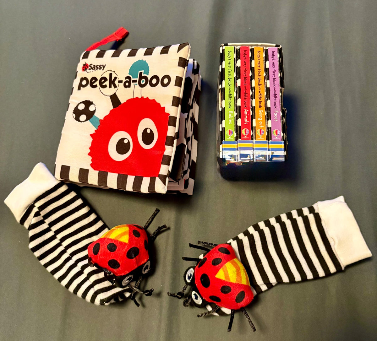 Black and white books, toys and lovey