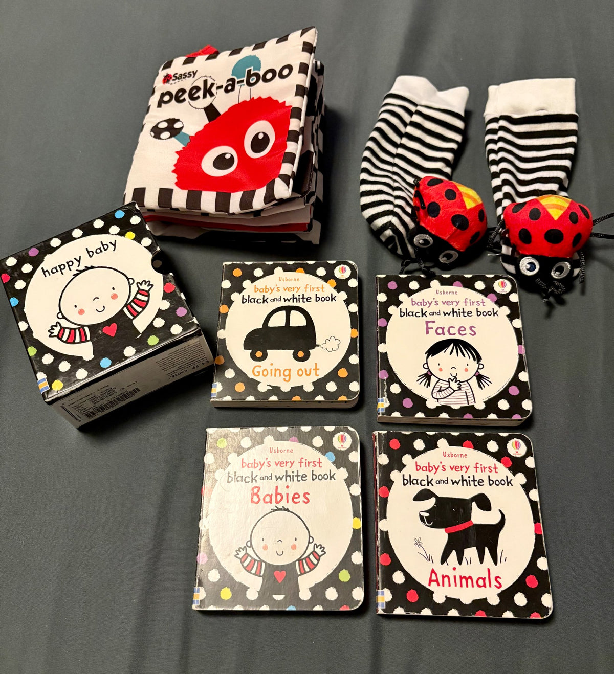 Black and white books, toys and lovey