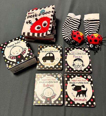 Black and white books, toys and lovey