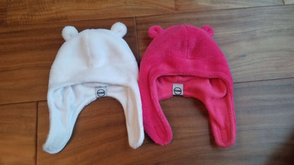 Two Kombi Bear Ears Trapper Hats, White and Hot Pink, 0-6M