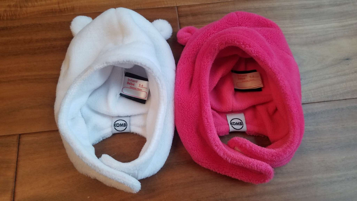Two Kombi Bear Ears Trapper Hats, White and Hot Pink, 0-6M