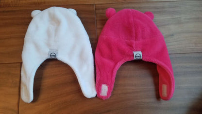 Two Kombi Bear Ears Trapper Hats, White and Hot Pink, 0-6M