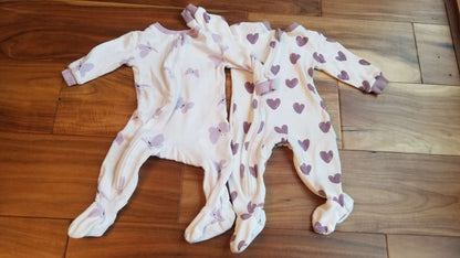 ZippyJamz Sleepers, Set of Two: Hearts and Butterflies, 3-6M, Kids 6 Month (3-6M)