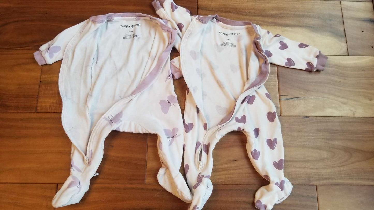ZippyJamz Sleepers, Set of Two: Hearts and Butterflies, 3-6M, Kids 6 Month (3-6M)