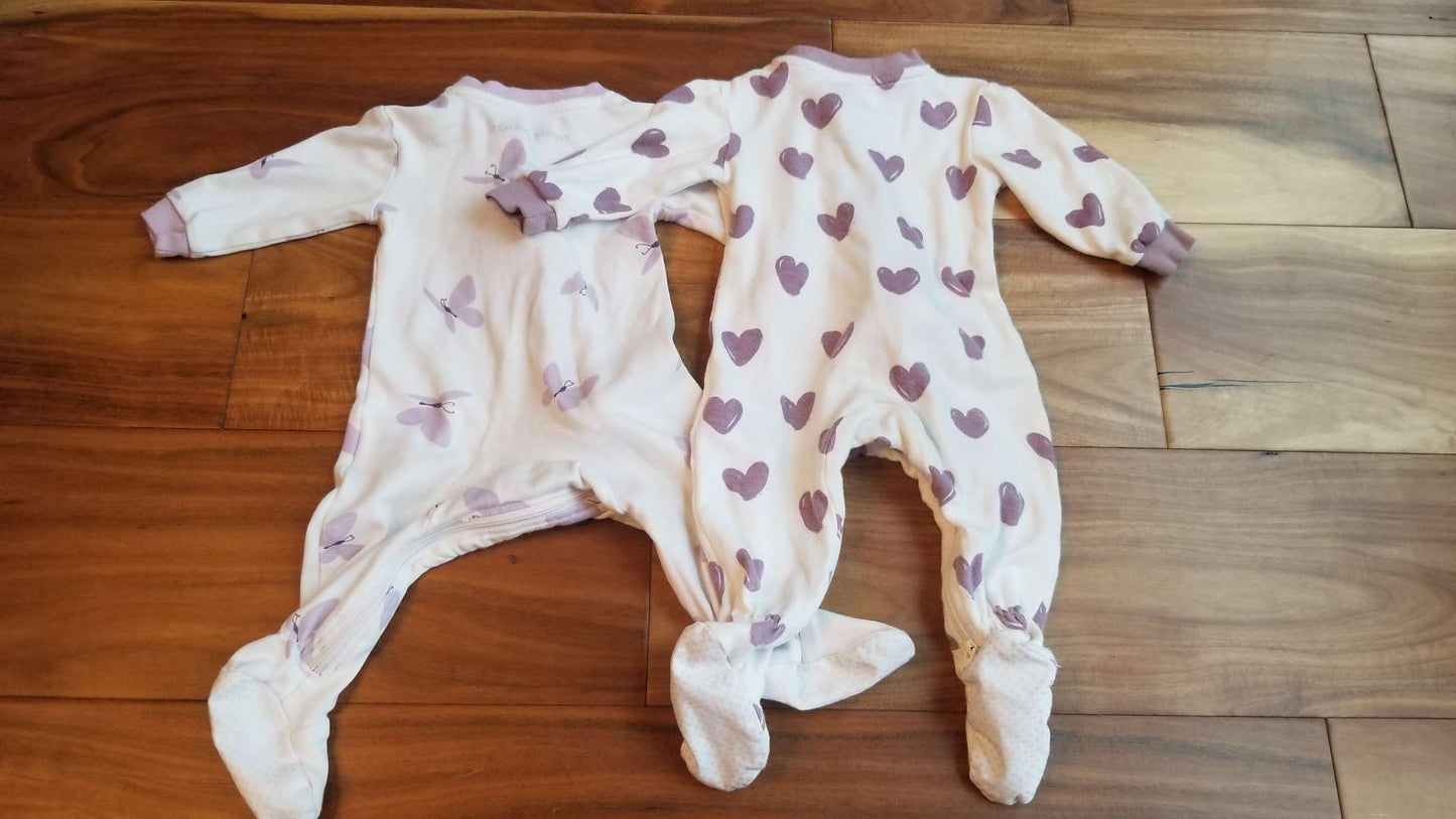 ZippyJamz Sleepers, Set of Two: Hearts and Butterflies, 3-6M, Kids 6 Month (3-6M)