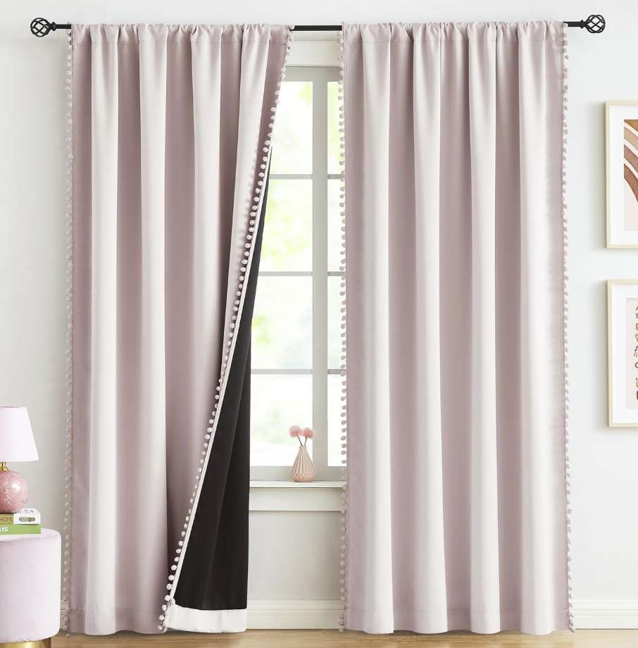 Pink Pom Pom Trim Full Blackout Curtains;  4 panels, each 84 inch x 52 inch